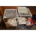 A pair of metal framed glass top bedside tables, very worn condition