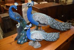 Three resin model peacocks