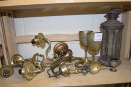 Mixed Lot: Various brass wares to include wall sconces, goblets, lantern set
