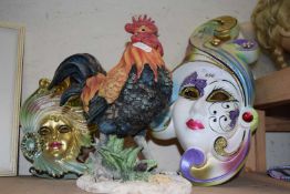 Mixed Lot: Country Life model cockerel and two modern ceramic masks
