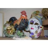 Mixed Lot: Country Life model cockerel and two modern ceramic masks