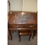 Modern Chinese hardwood bureau and accompanying stool, bureau 94cm wide (2)