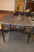 Georgian mahogany veneered three drawer side table or low boy for restoration, 82cm wide