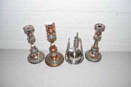 Mixed Lot: Three silver plated candlesticks etc