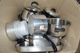 One box of various steel kitchen wares