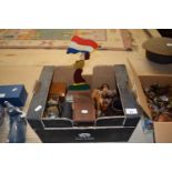 Box of various mixed wooden and other items to include a small cork diorama picture, model camel,