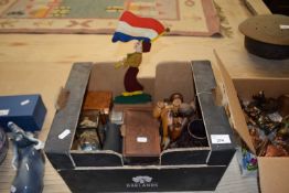 Box of various mixed wooden and other items to include a small cork diorama picture, model camel,