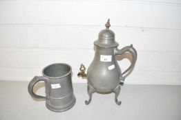 Small Dutch pewter coffee urn together with a pewter tankard