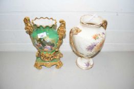 Gilt decorated continental vase with plinth base together with a further floral vase (2)