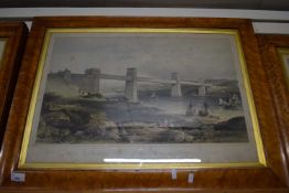 Coloured engraving, The Britannia Tubular Bridge over the Menai Straits set in a maple frame