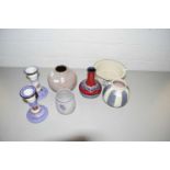 Poole pottery candlesticks, vases, small bowl etc