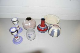 Poole pottery candlesticks, vases, small bowl etc