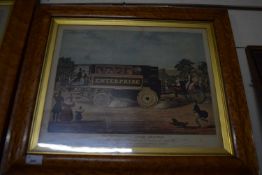 Coloured engraving, The Enterprise Steam Omnibus, set in a maple frame