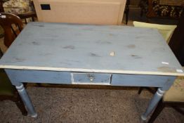 Blue painted single drawer side table on turned legs