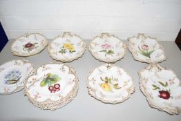 19th Century floral and gilt decorated part dessert service, many pieces cracked and damaged