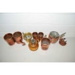 Collection of small copper pots, oil lamp base and other items
