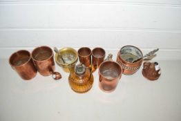 Collection of small copper pots, oil lamp base and other items