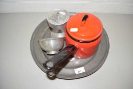 Mixed Lot: Pewter plate, small enamel saucepan and other items