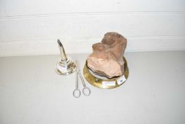 Mixed Lot: Small carved stone head of a lion, silver plated grape shears, wine funnel and a brass