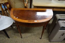 19th Century mahogany and inlaid demi lune formed card table with baize lined interior raised on