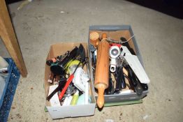 Two boxes of various kitchen utensils