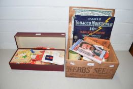 Two boxes of various cigarette packets, tobacco pipes, tins etc