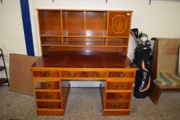 Modern yew wood veneered twin pedestal office desk with over shelf