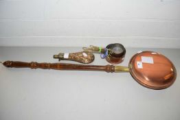 Copper bed warming pan, copper graduated set of miniature saucepans and a copper powder flask