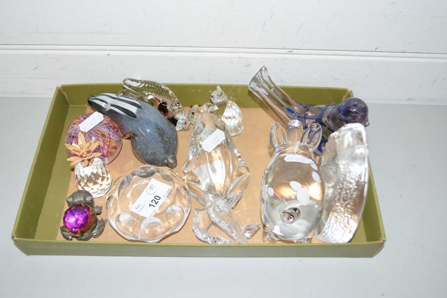 Collection of various assorted glass paperweights, model animals etc to include Langham and others