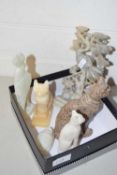 Collection of various polished stone model cats, soapstone model of a crane etc