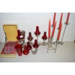 Mixed Lot: Modern metal candlesticks, silver plated vase, Old Hall rose bowl and other items