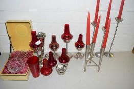 Mixed Lot: Modern metal candlesticks, silver plated vase, Old Hall rose bowl and other items