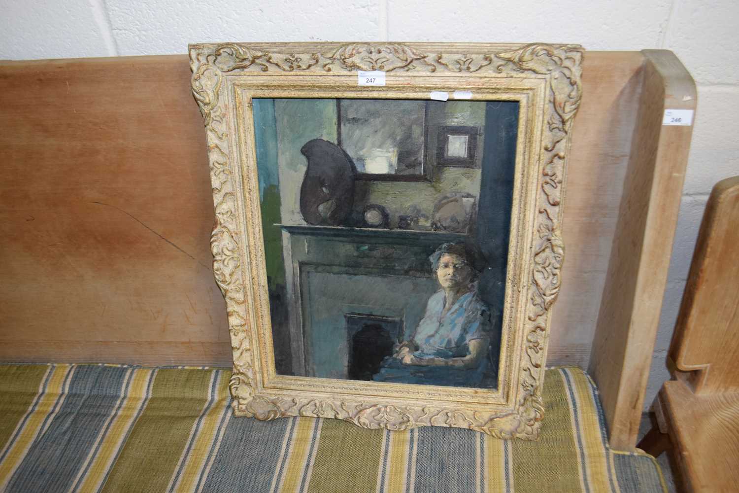 Christopher W Day, interior scene with lady seated at fire place, oil on canvas, gilt framed