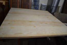 Large cedar wood kitchen table with solid end supports and cross stretcher, top 182cm square