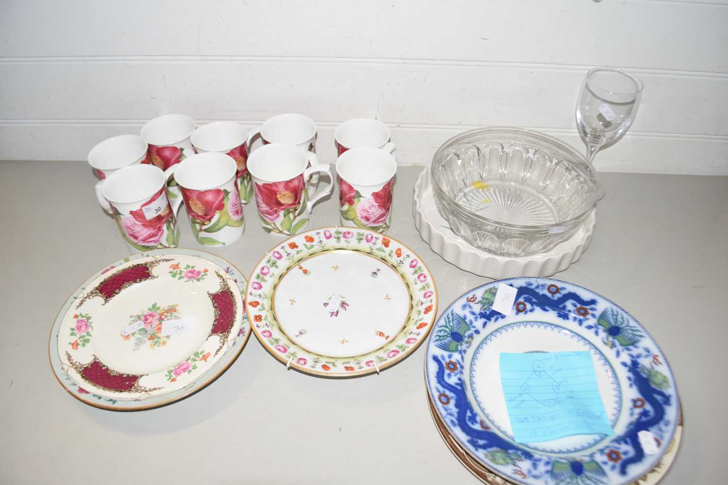 Quantity of floral decorated mugs, assorted plates etc