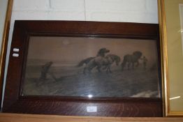 Oak framed print, ploughing scene