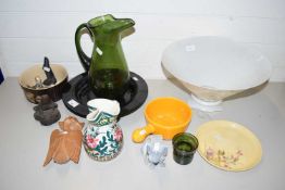 Mixed Lot: Large glass light shade, various animal ornaments, green glass jug etc