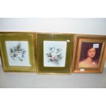Pair of framed floral studies together with an oleograph print of a portrait of a young lady (3)