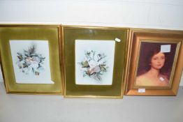 Pair of framed floral studies together with an oleograph print of a portrait of a young lady (3)