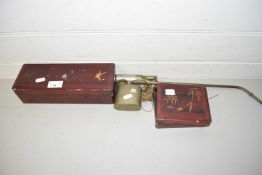 Mixed Lot: Vintage base metal opium pipe together with two Oriental laquered boxes