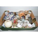 Box of various assorted ceramics, polished Ostrich egg, pewter tankard etc