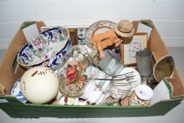 Box of various assorted ceramics, polished Ostrich egg, pewter tankard etc