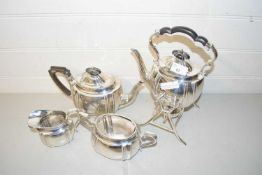 Silver plated spirit kettle by Walker & Hall together with a further Walker & Hall three piece tea