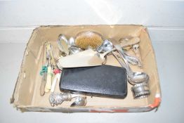 Box of various assorted cutlery, silver backed dressing table brush, napkin rings and other items