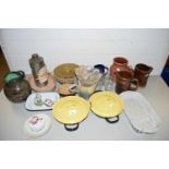 Large Mixed Lot: Various pottery jugs, drinking glasses, small enamel pans etc