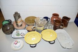 Large Mixed Lot: Various pottery jugs, drinking glasses, small enamel pans etc