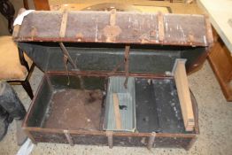 Large vintage wooden bound travel trunk with partly fitted interior