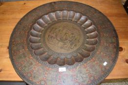 Large Benares type serving tray decorated with various figures