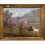 A.J Cole (British, 20th century), horse and hounds, oil on board, signed and dated 83, 20x27ins,