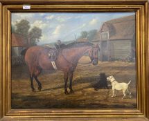 A.J Cole (British, 20th century), horse and hounds, oil on board, signed and dated 83, 20x27ins,